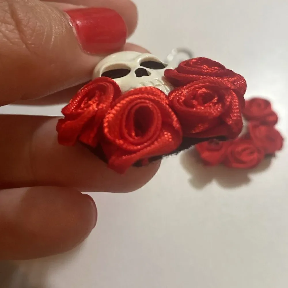 NWT Day of the Dead Drop Earrings White Skull on Red Rose Flowers